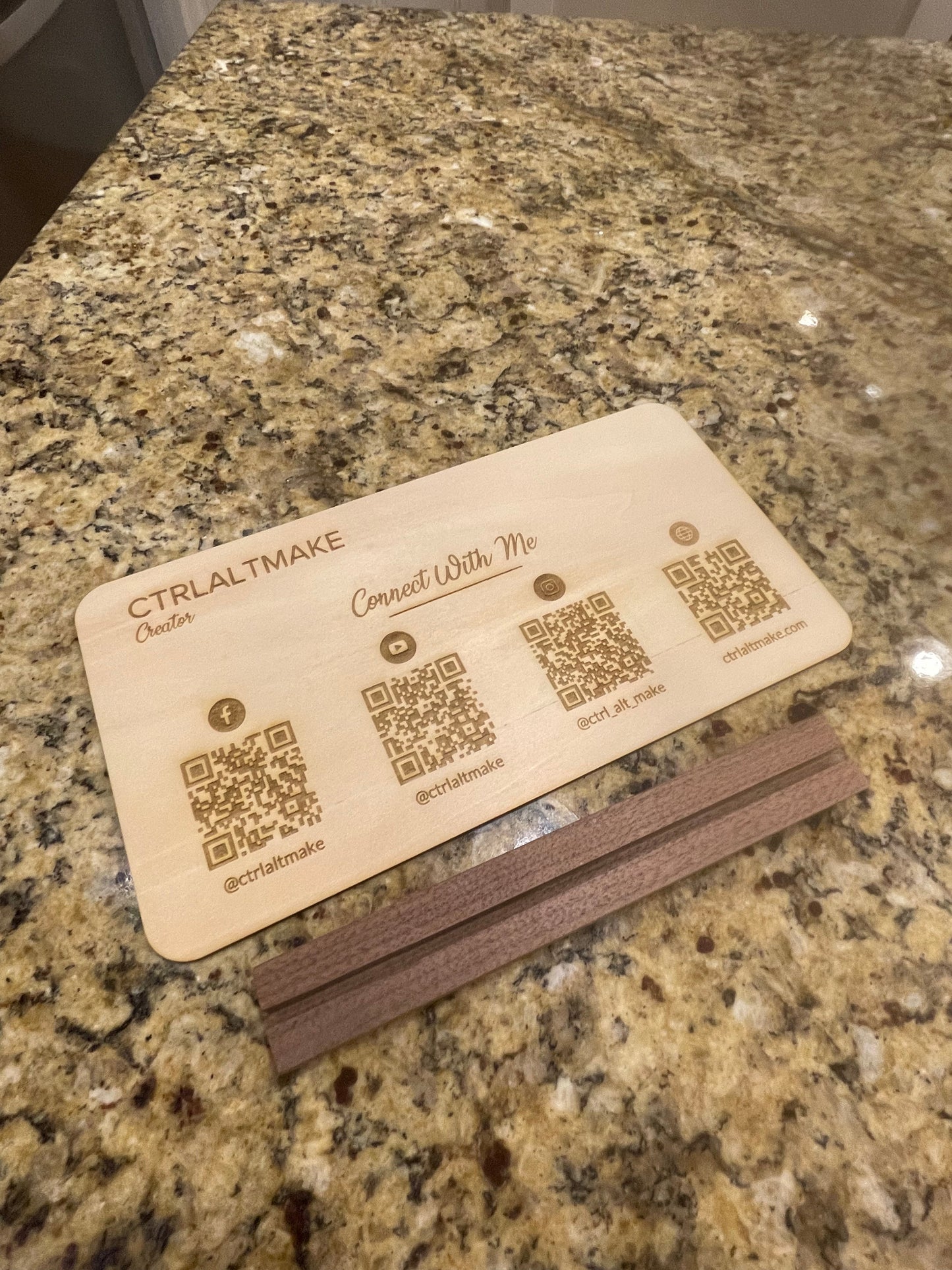 Wooden Social Media Sign with QR Codes and Walnut Stand