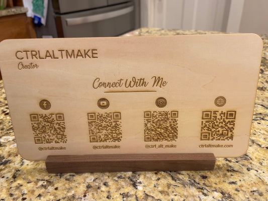 Wooden Social Media Sign with QR Codes and Walnut Stand