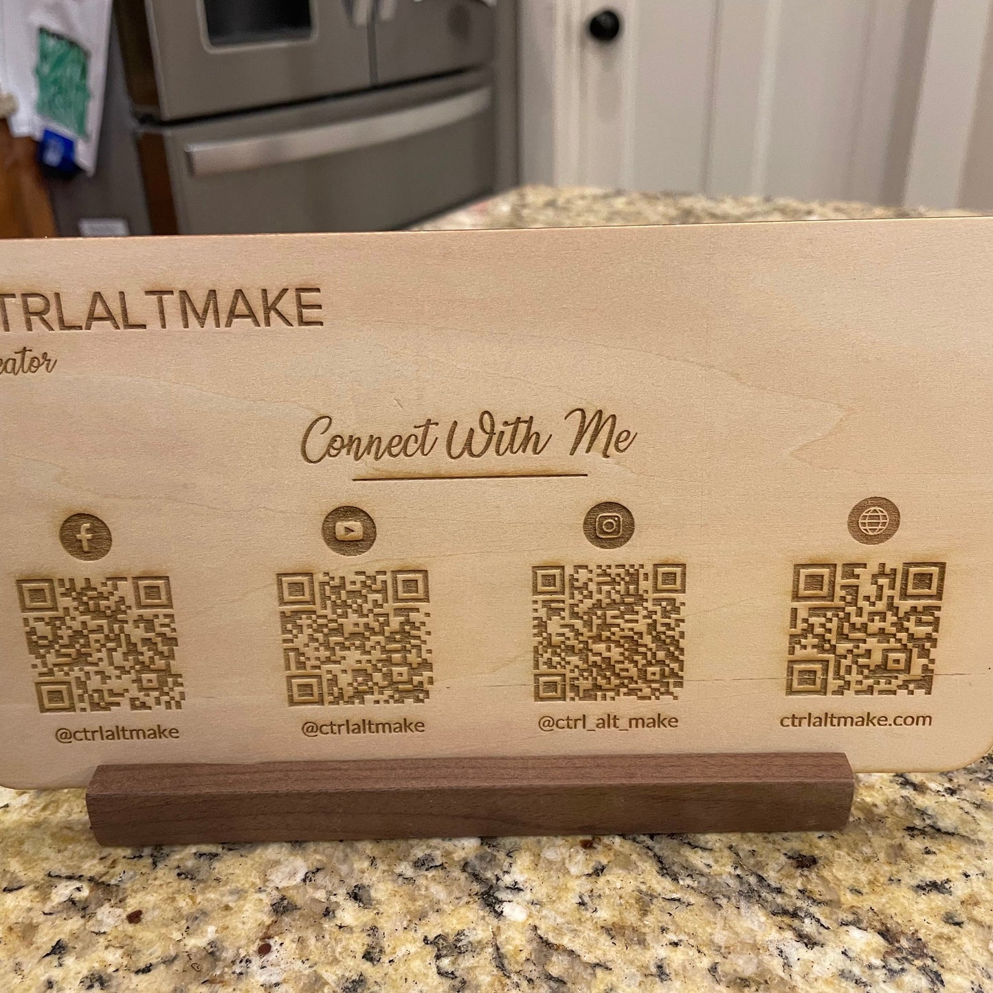 Wooden Social Media Sign with QR Codes and Walnut Stand